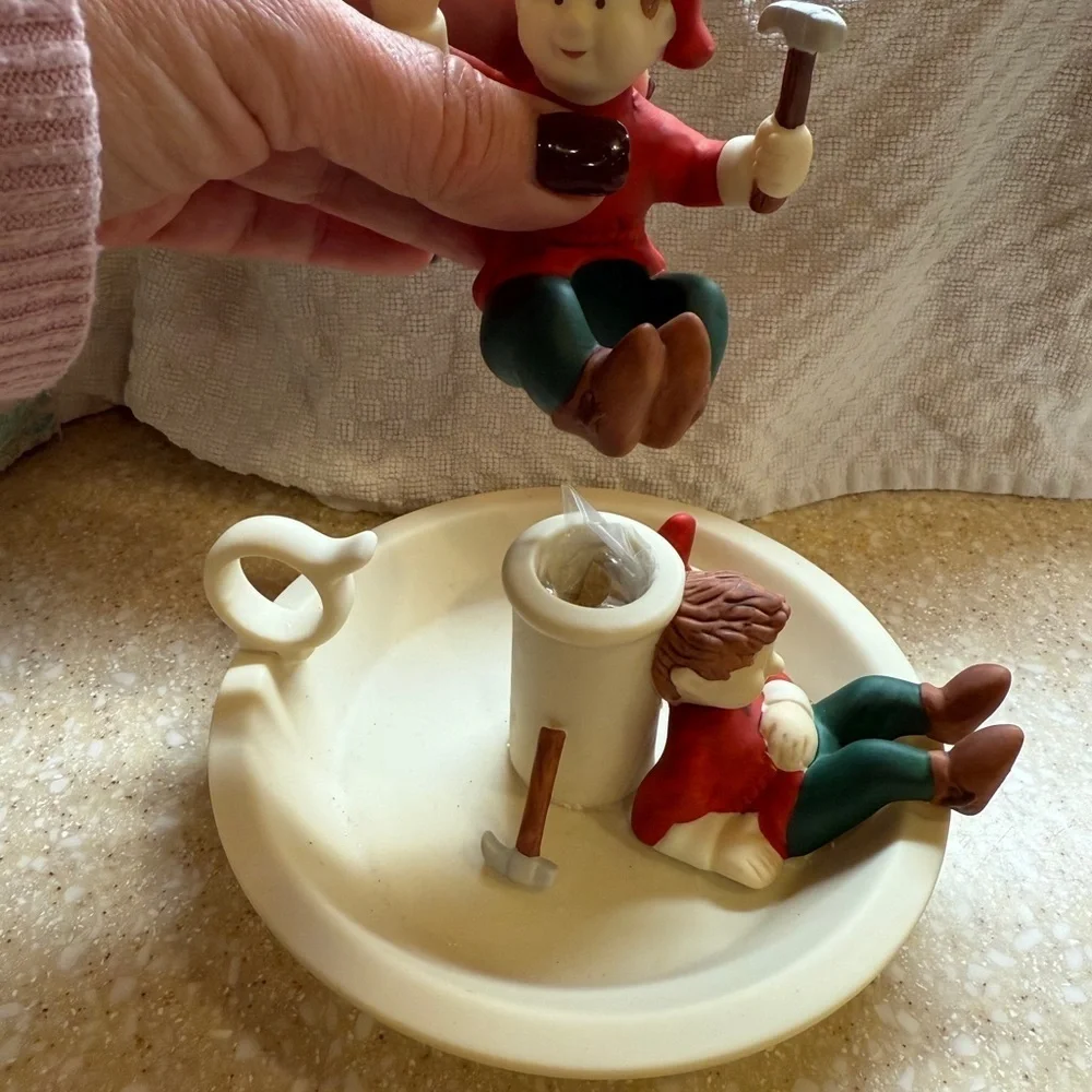 Vintage 90’s Partylite Christmas Elf Tapered Candle Stick Holder Resting Elf